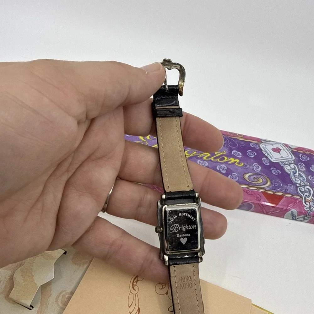 Brighton Watch Black leather band rectangle Silver tone Needs Battery Case Paper